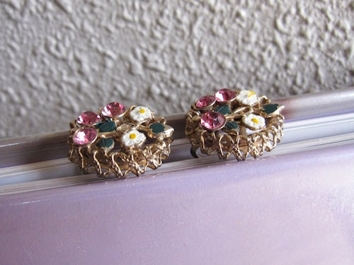 ヴィンテージイヤリング*フラワーとピンクのグラスビジュー*1950's