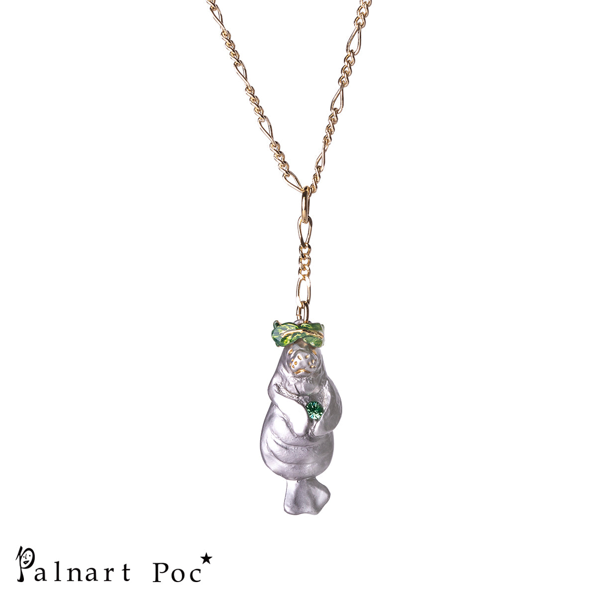【CP送料込】「 水族館暮らし / ネックレス / Palnart Poc」野菜の冠を被ったマナティーのペンダントネックレス / グリーンのビジュー【残り僅か!】