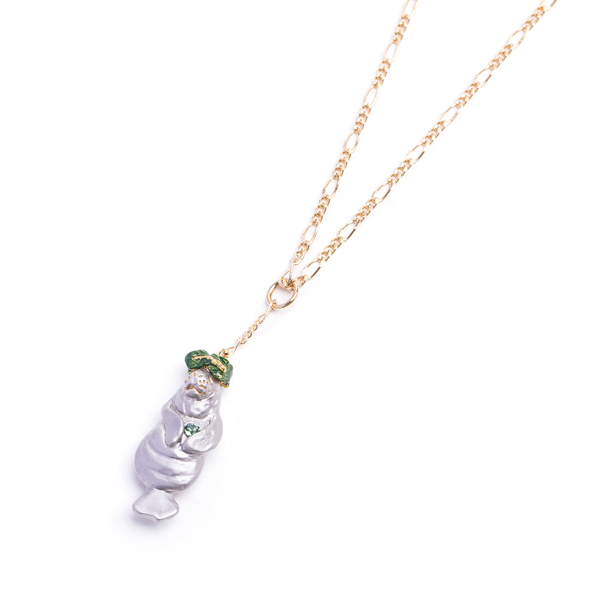 【CP送料込】「 水族館暮らし / ネックレス / Palnart Poc」野菜の冠を被ったマナティーのペンダントネックレス / グリーンのビジュー【残り僅か!】