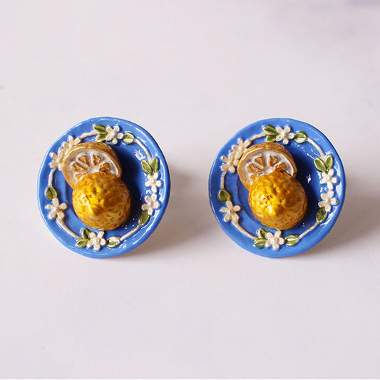 【LPライト送料込】「シチリアレモンイヤリング / Palnart Poc」青いお皿に乗ったレモンのイヤリング